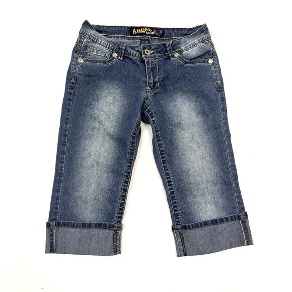 Y2K Denim Blue Jean Capris Low Rise Cuffed Angels Size 7-8 28" Waist - Picture 1 of 8